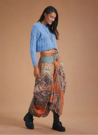 Kahve Desenli Beli Bağcıklı Cepli Uzun Etek