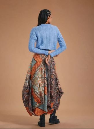 Kahve Desenli Beli Bağcıklı Cepli Uzun Etek