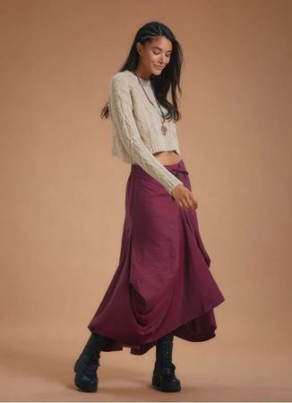 Bohem Tarz Beli Bağcıklı Cepli Bordo Uzun Etek