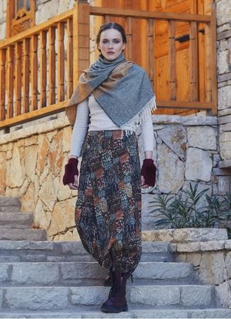 Haki Desenli Düğmeli Otantik Şalvar Pantolon