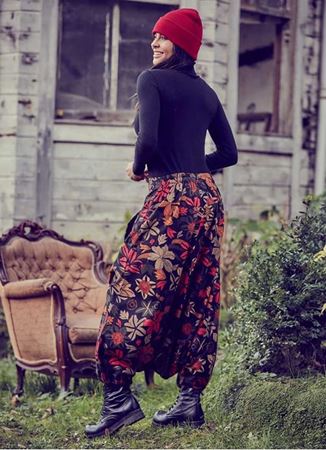 Otantik Çiçek Desenli Siyah Harem Şalvar Pantolon