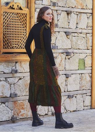 Çapraz Kuşak Detaylı Etek Ucu Volanlı Etnik Midi Etek