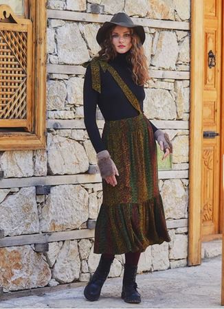 Çapraz Kuşak Detaylı Etek Ucu Volanlı Etnik Midi Etek