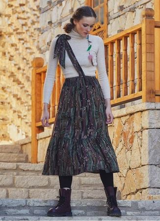 Çapraz Kuşak Detaylı Etek Ucu Volanlı Desenli Midi Etek