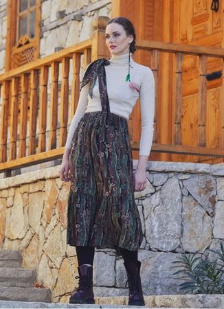 Çapraz Kuşak Detaylı Etek Ucu Volanlı Desenli Midi Etek