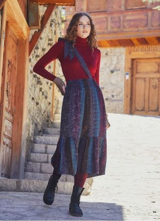 Çapraz Kuşak Detaylı Etek Ucu Volanlı Otantik Midi Etek