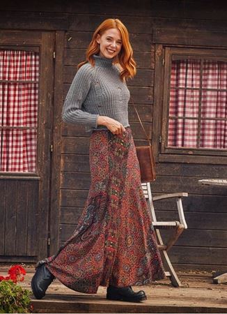 Etnik Desenli Patchwork Uzun Etek