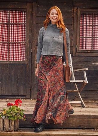 Etnik Desenli Patchwork Uzun Etek