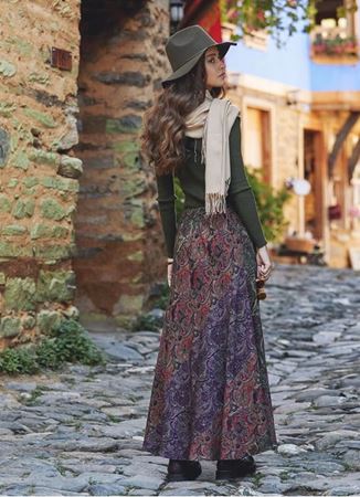 Yeşil Desenli Patchwork Uzun Etek