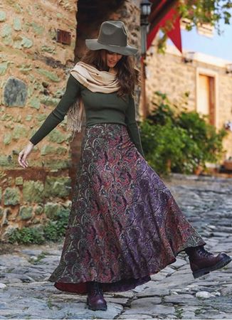 Yeşil Desenli Patchwork Uzun Etek