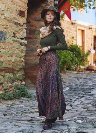 Yeşil Desenli Patchwork Uzun Etek