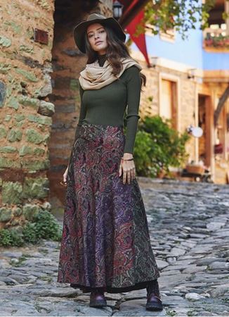 Yeşil Desenli Patchwork Uzun Etek