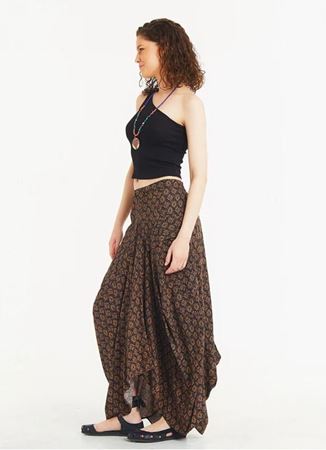 Asimetrik Kesim Cepli Uzun Kahve Desenli Etek