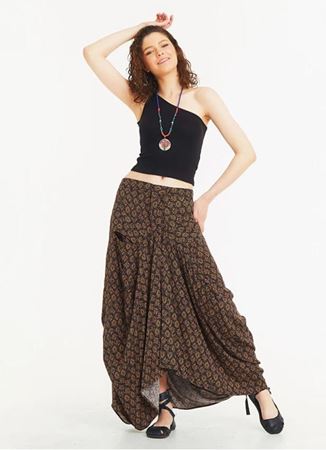 Asimetrik Kesim Cepli Uzun Kahve Desenli Etek