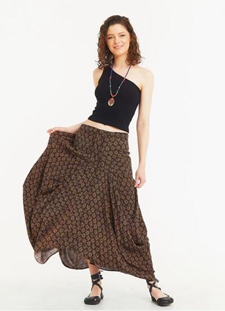 Asimetrik Kesim Cepli Uzun Kahve Desenli Etek