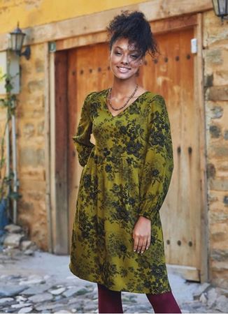 Haki Gül Desenli Kısa Uzun Kollu Robadan Elbise