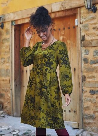 Haki Gül Desenli Kısa Uzun Kollu Robadan Elbise