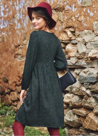 Yeşil Desenli Kısa Uzun Kollu Robadan Elbise