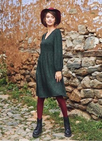 Yeşil Desenli Kısa Uzun Kollu Robadan Elbise