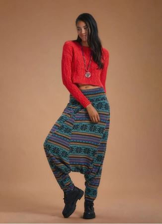 Gipe Bel Detaylı Kışlık Kadın Petrol Desenli Şalvar Pantolon