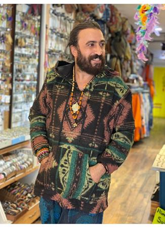 Etnik Desenli Kapüşonlu Sweatshirt Yeşil