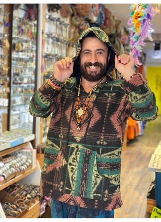 Etnik Desenli Kapüşonlu Sweatshirt Yeşil