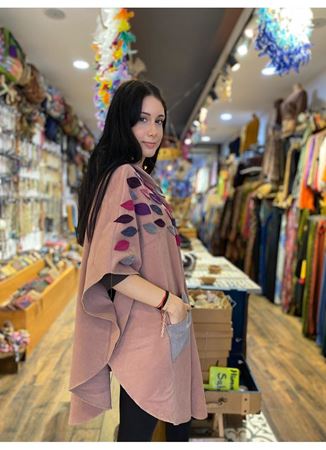 ÖZEL TASARIM KEÇE PEMBE KAPİŞONLU PANÇO
