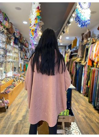 ÖZEL TASARIM KEÇE PEMBE KAPİŞONLU PANÇO