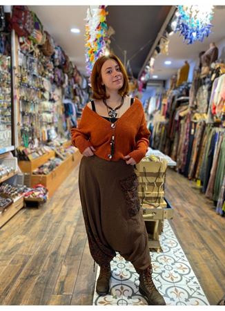 Cep Detaylı Kahverengi Şalvar