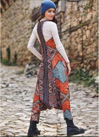 Dekolteli Fermuarlı Cepli Kadın Kahve Şalvar Tulum