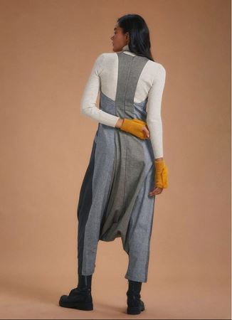 Dekolteli Fermuarlı Cepli Kadın Gri Şalvar Tulum