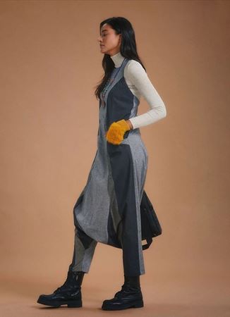 Dekolteli Fermuarlı Cepli Kadın Gri Şalvar Tulum