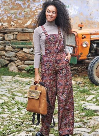 Retro Desen Bahçıvan Bol Paça Salopet Kadın Tulum