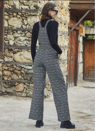 Salopet Bol Paça Cep Detaylı Siyah Desenli Bahçıvan Tulum