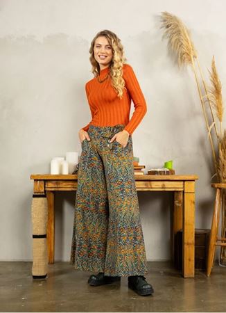 Pera Desen Düşük Bel Düğmeli Bol Paça Pantolon