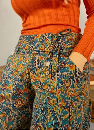 Pera Desen Düşük Bel Düğmeli Bol Paça Pantolon