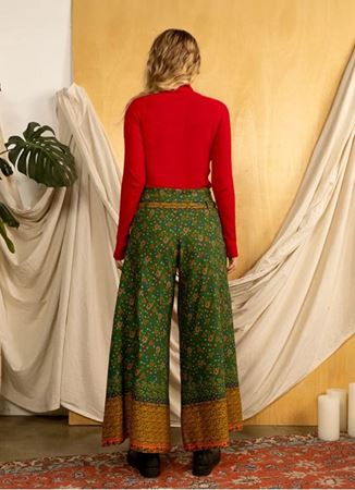 Düşük Bel Düğmeli Bol Paça Kadın Çiçek Desenli Pantolon