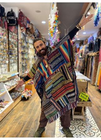 Dokuma Pamuk Kapüşonlu Panço