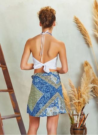 Bohem Stil Mavi Desenli Anvelop Mini Etek