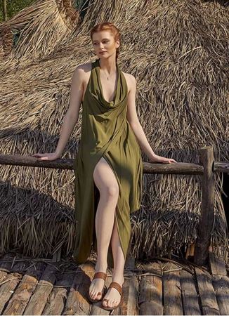 Degaje Yaka Otantik Haki Elbise