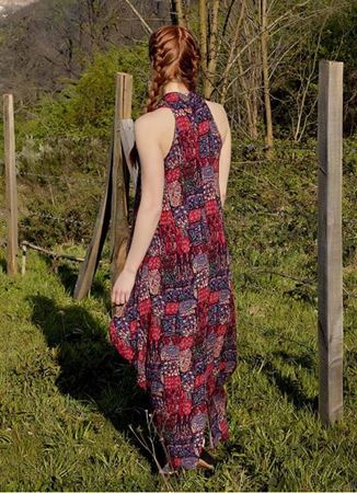 Degaje Yaka Otantik Kırmızı Desenli Elbise