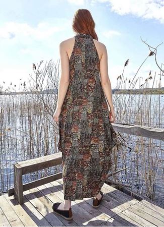 Degaje Yaka Otantik Haki Desenli Elbise