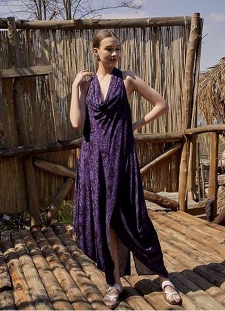 Degaje Yaka Otantik Mor Desenli Elbise