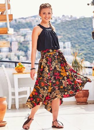 Çiçek Desenli Beli Bağlamalı Midi Siyah Kloş Etek