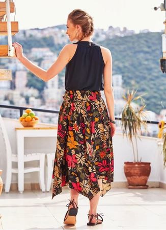 Çiçek Desenli Beli Bağlamalı Midi Siyah Kloş Etek