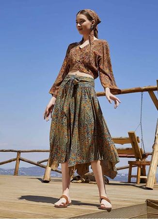 Beli Bağlamalı Salaş Midi Petrol Desenli Kloş Etek