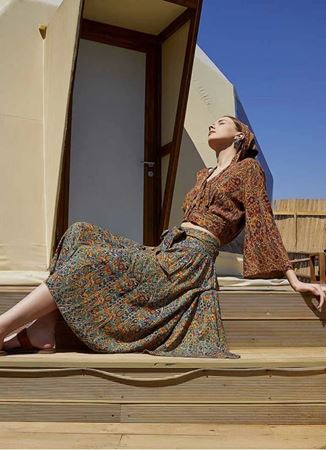 Beli Bağlamalı Salaş Midi Petrol Desenli Kloş Etek