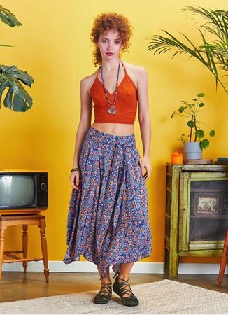 Beli Bağlamalı Salaş Midi Mavi Desenli Kloş Etek