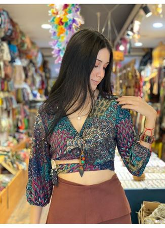 Düğüm Detaylı Pencereli Bohem Crop Bluz Turkuaz