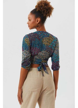 Düğüm Detaylı Pencereli Bohem Crop Bluz Turkuaz